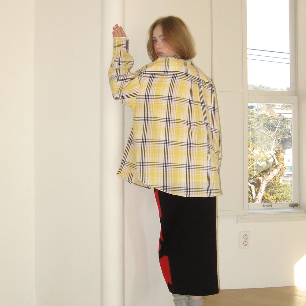 ★ILLIT ウォンヒ 着用！！【RONRON】CHECK STITCH HEART POCKET OVER FIT SHIRT YELLOW