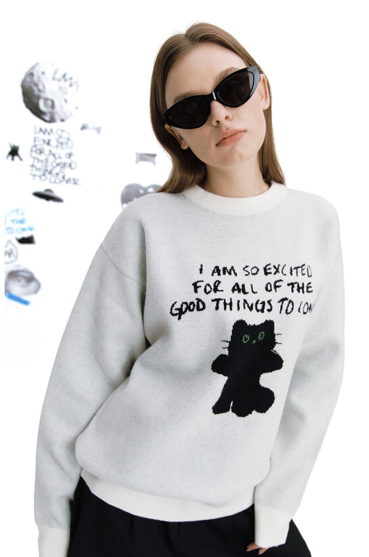 11/13までセール！★ZEROBASEONE ジウン 着用！！【LMR】CAT CHARACTER LETTERING JACQUARD KNIT PULLOVER