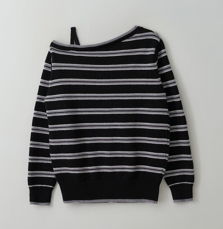 ☆rolarola人気商品最低価！！★IVE ウォニョン 着用！！【rolarola】ONE OFF SHOULDER STRIPE WOOL BLENDED CARDIGAN BLACK