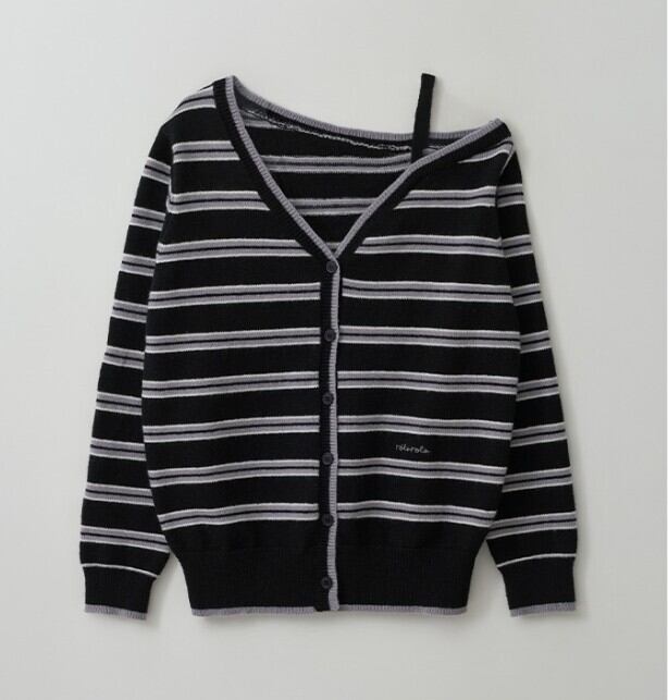 ☆rolarola人気商品最低価！！★IVE ウォニョン 着用！！【rolarola】ONE OFF SHOULDER STRIPE WOOL BLENDED CARDIGAN BLACK